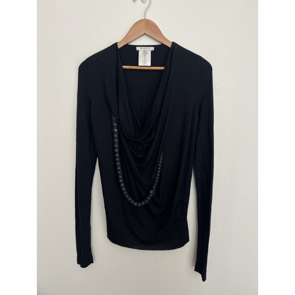VTG Givenchy Paris Black Draped Cowl Neck Long Sleeve Silk Top Blouse Beaded S